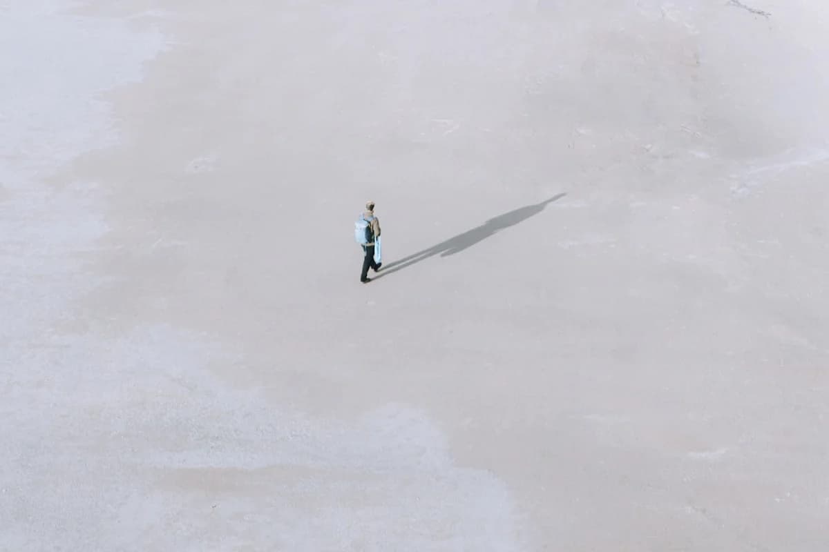 Person walking across a vast, empty, light-coloured landscape