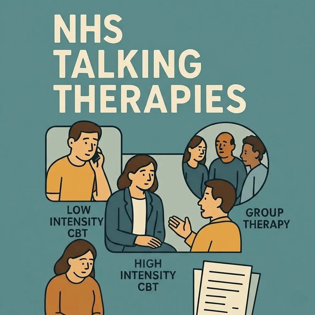 Illustration showing NHS Talking Therapies options: Low Intensity CBT, High Intensity CBT, and Group Therapy