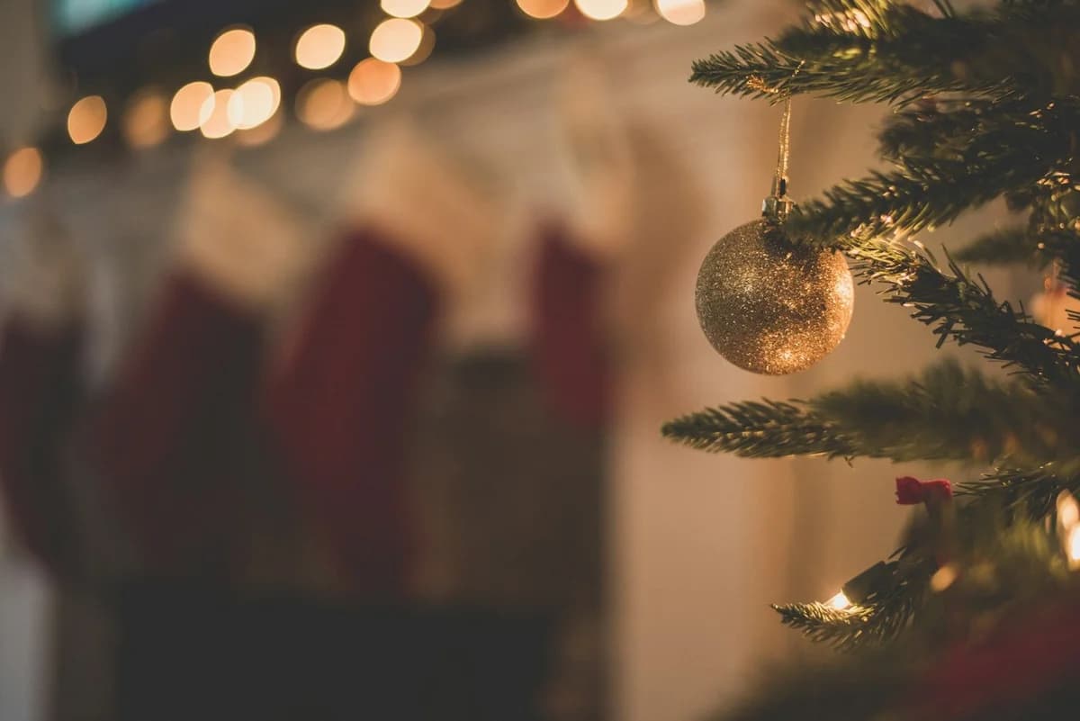 Closeup photo of baubles on Christmas tree