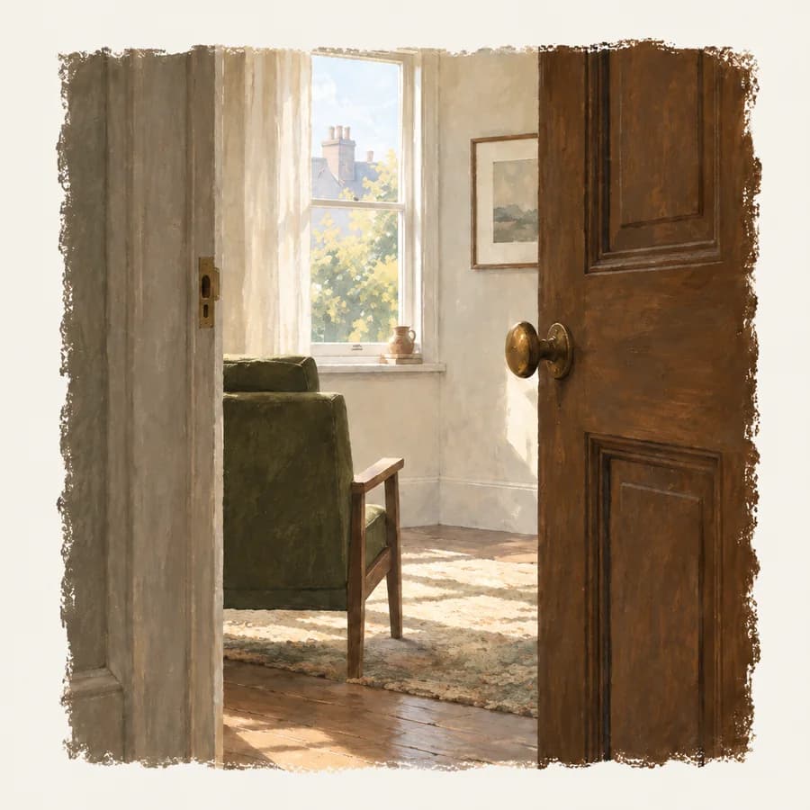 Painted illustration of an open wooden door leading into a sunlit room.