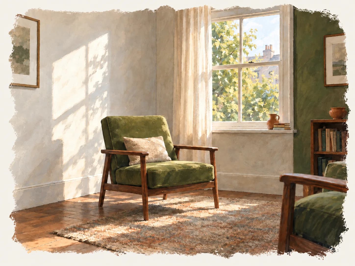 Painted illustration of olive armchairs in a room filled with window light.