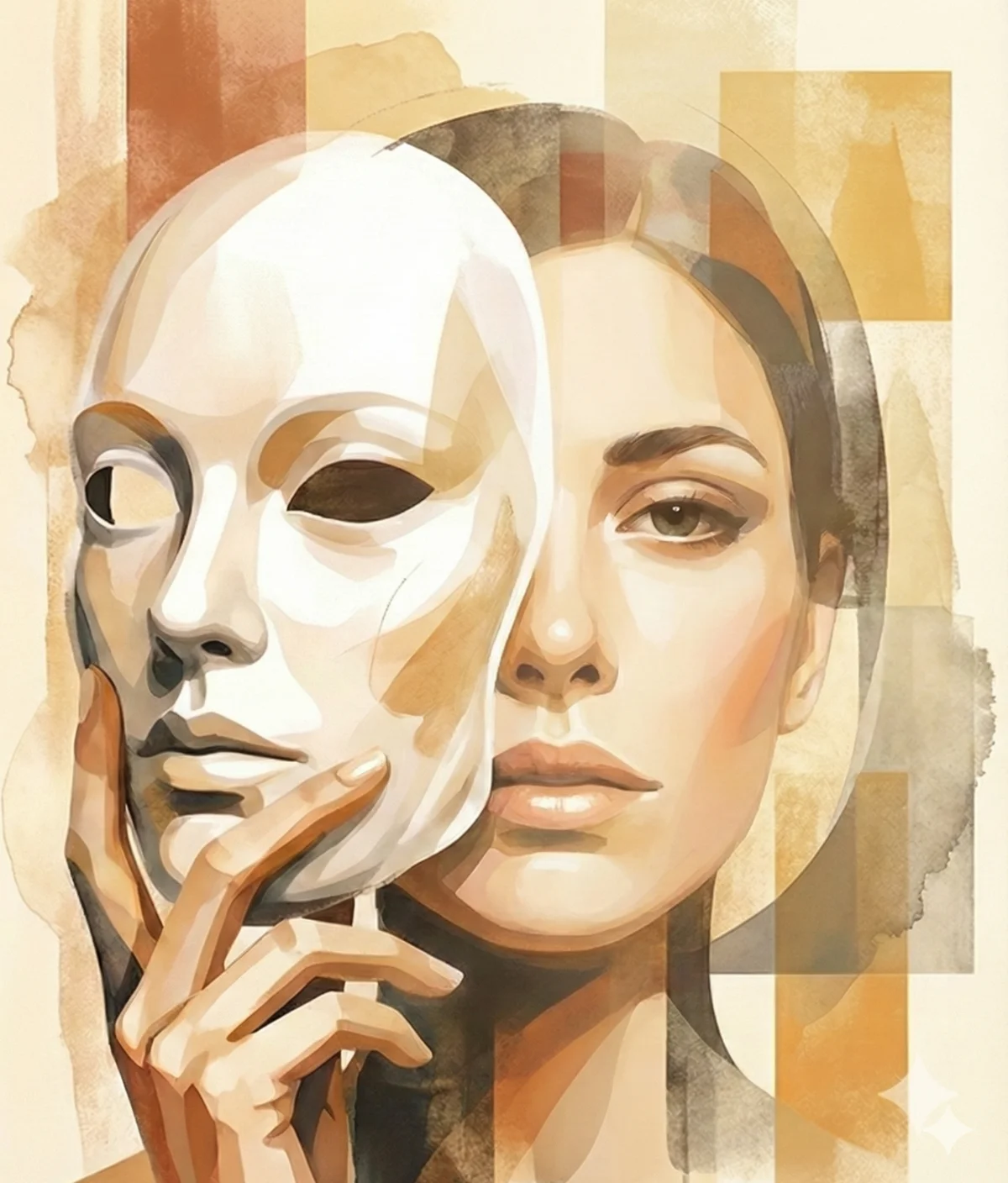Woman removing mask - illustration representing the gap between how we appear and how we feel